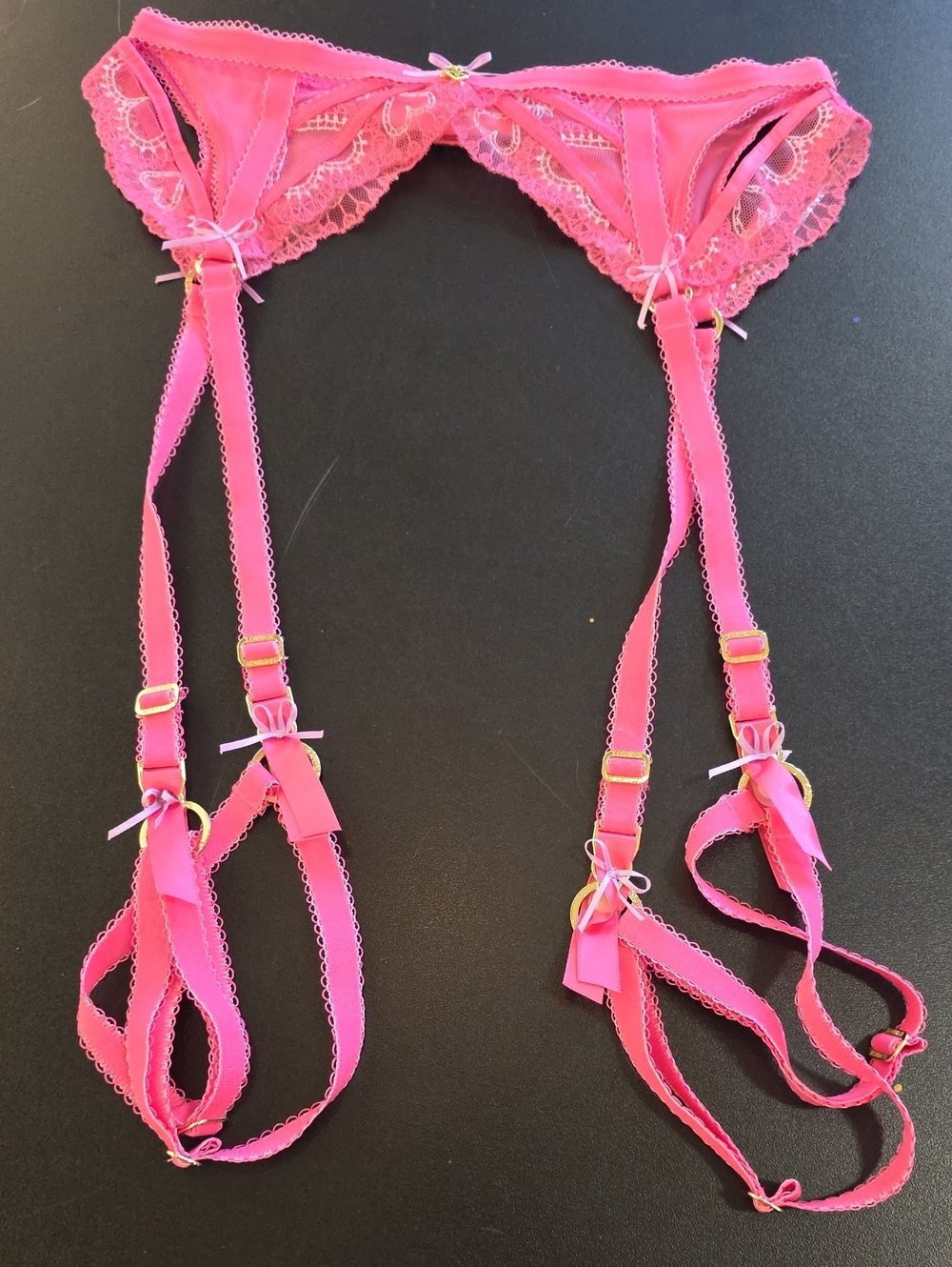 Hot Pink Lace Garter Belt Harness with Bow Accents